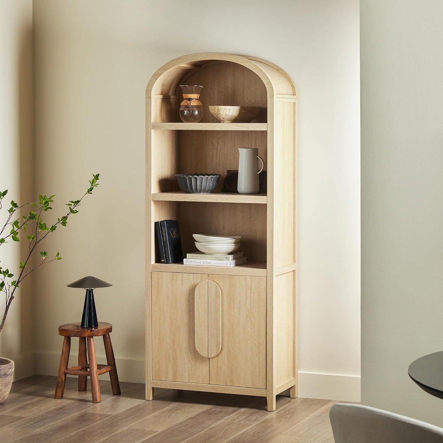 Chantelle Modern Arched Bookcase with Statement Wood Cabinet Pulls - Coastal Oak