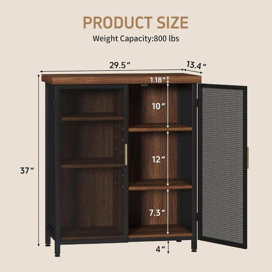 Buffet Cabinet, Metal Mesh Storage Sideboard with Adjustable Shelves, Coffee Bar Cabinet for Dining Room, Kitchen, Living Room, Entryway,Vintage Brown