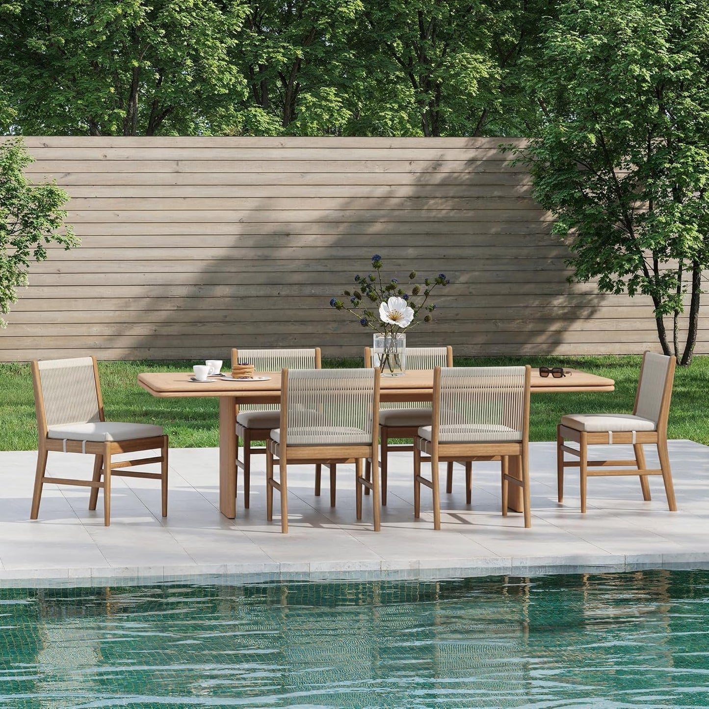 Kayden Outdoor Dining Chair with Cushion, Porch Chair with Solid Wood Acacia Wood Frame, Foam Cushion and Woven Rope Backrest, Set of 6