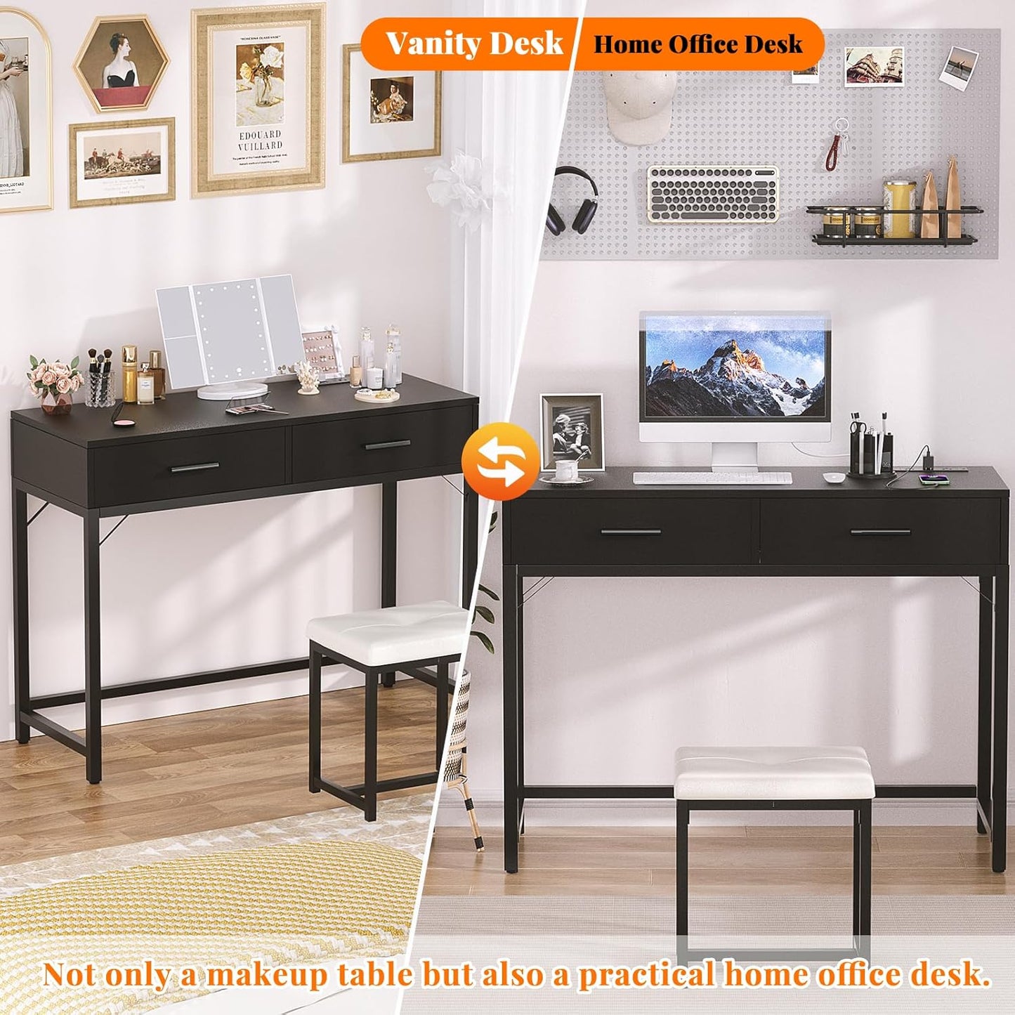 Vanity Desk, Vanity Desk with Mirror and Light, Small Vanitys Set with Drawers, Makeup Desk with Power Outlets, 36'' Makeup Vanitys with Stool, Dressing Table, Black