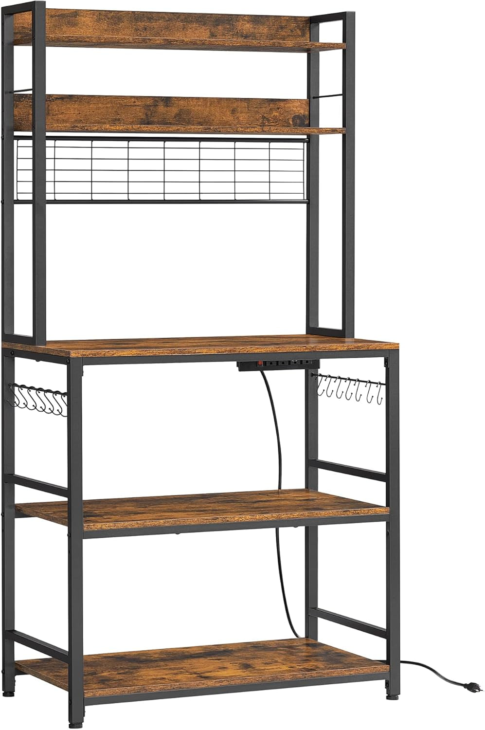 Hutch Bakers Rack with Power Outlet, 14 Hooks Microwave Stand, Adjustable Coffee Bar with Metal Wire Panel, Kitchen Storage Shelf, 15.7 X 23.6 X 66.9 Inches, Rustic Brown and Black UKKS037B01