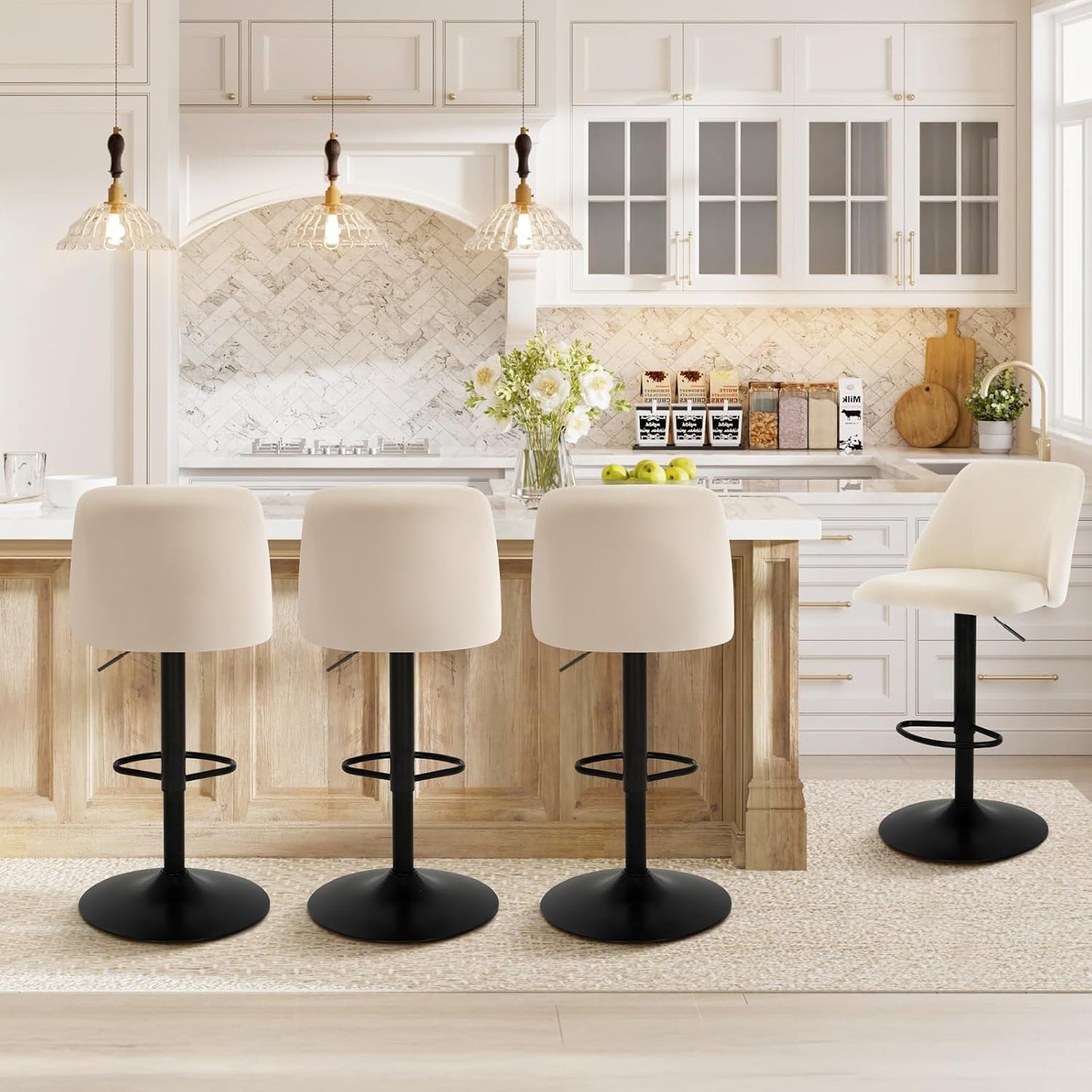 Bar Stools Set of 3, Modern Swivel Bar Chairs, Adjustable Upholstered Barstools Counter Height with Full Backrest for Bar, Dining Room, Kitchen Island, Beige