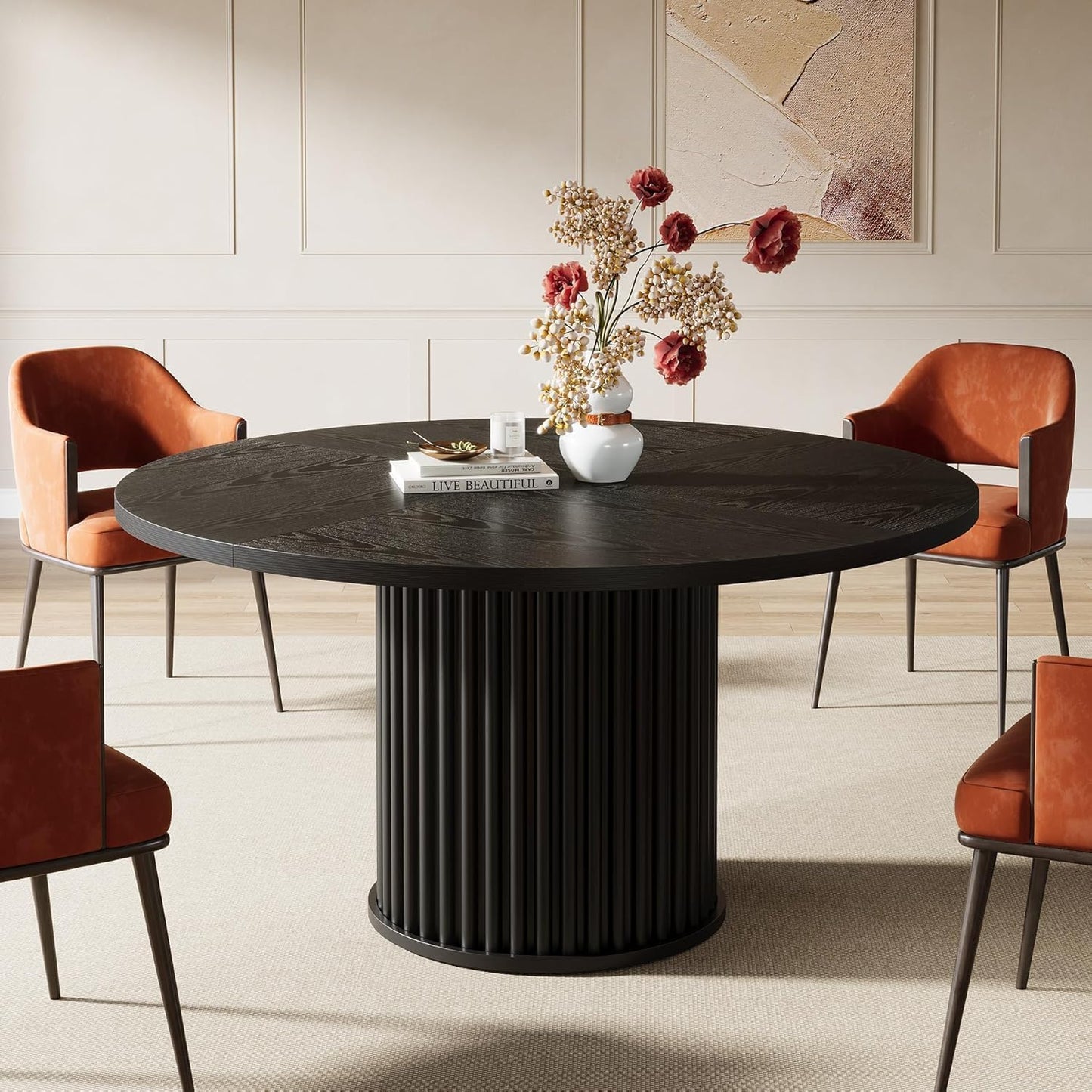 Black round Dining Table for 4-6 People, 47.24-Inch Circle Kitchen Table with Sturdy Fluted MDF + Metal Base, Modern Home Dining Room Furniture, Black