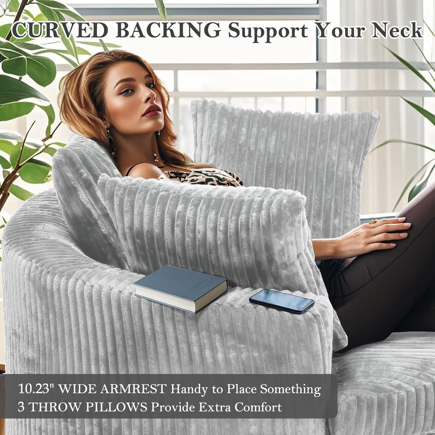 59" Oversized Chaise Lounge Chair Indoor, round Corduroy Chaise Lounge Sofa Bed with Throw Pillows and Backrest, Plush Sleeper Chair Bed for Living Room Bedroom,No Assembly Required