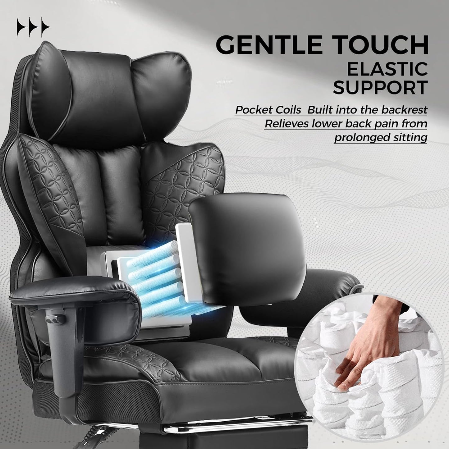 Big and Tall Office Chair 400LBS Wide Ergonomic Gaming Chair with Deluxe Embossing Designed Leather with Foot Rest,150°Reclining Adjustable Armrests Pocket Spring Back Support and Pillow