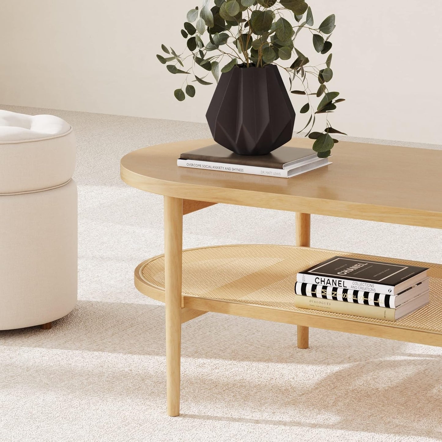 Sonia Coffee Table with Storage Shelf, Light Wood/Rattan