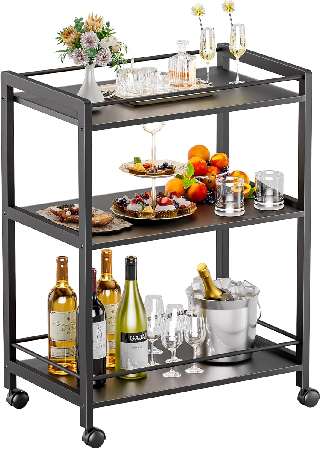 Bar Cart Black, Serving Cart for Home, 3 Tier Drinks Cart with Wheels, Rolling Beverage Cart for Kitchen Dining Living Room