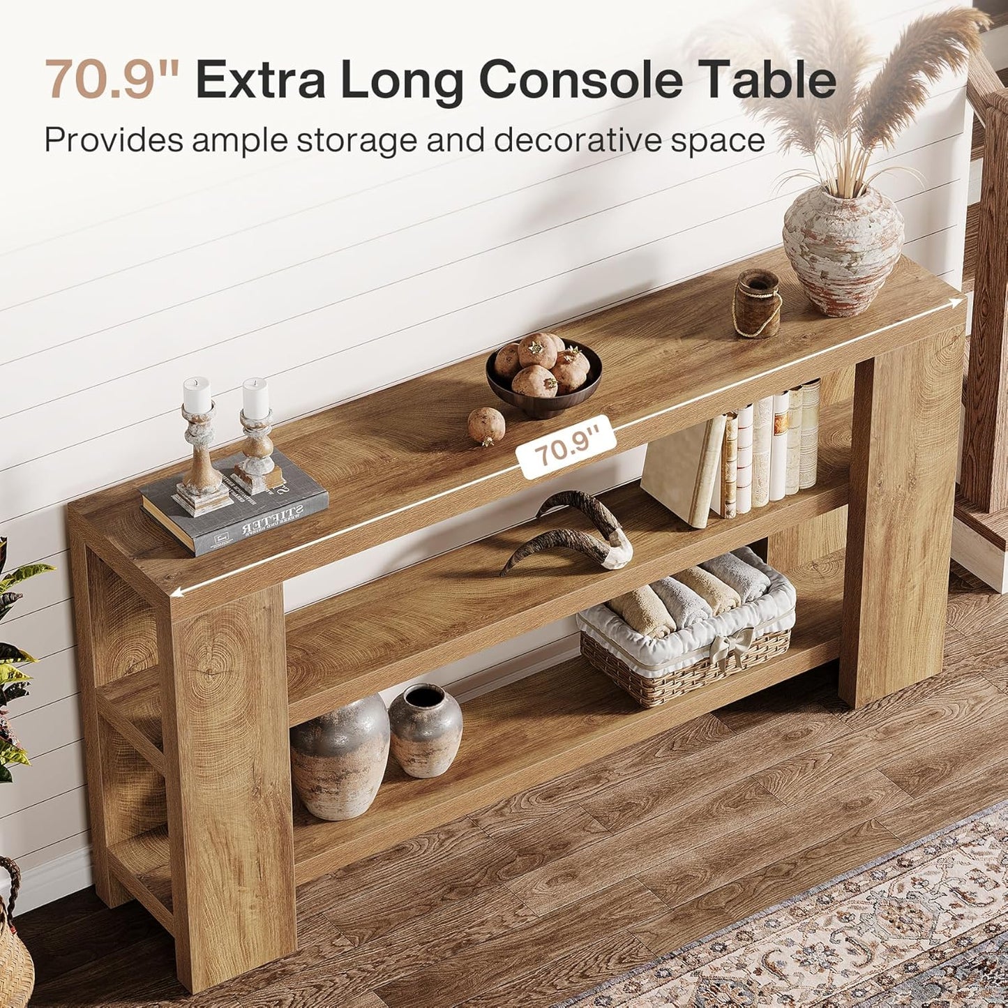 70.9-Inch Extra Long Console Table with Storage, Narrow Wooden Sofa Table behind the Couch, Farmhouse 3-Tier Entry Foyer Table for Entryway, Living Room, Hallway
