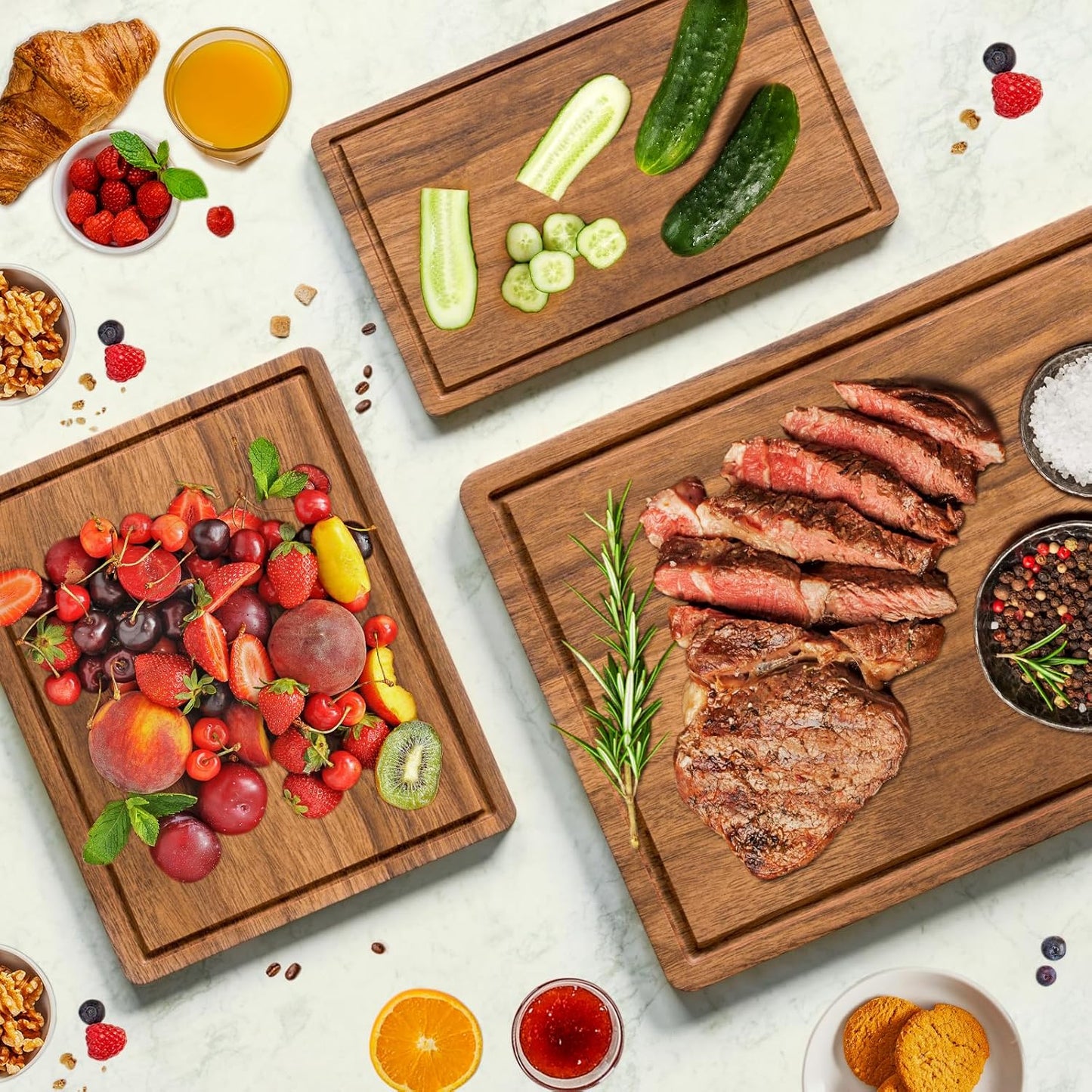 Acacia Wood Cutting Boards Set of 3 for Kitchen, Large Wooden Cutting Board with Juice Groove, Charcuterie Board, Chopping Board for Meat, Cheese, Fruits(17X12, 12X10, 12X7 Inch)