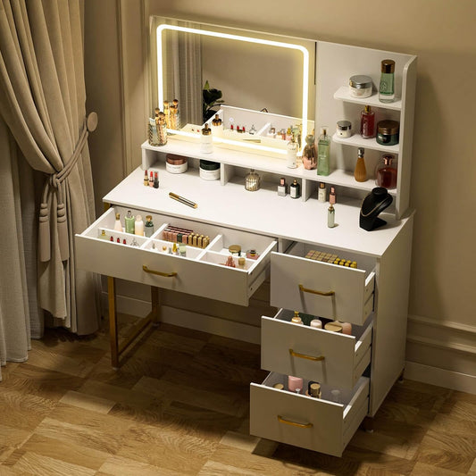 Vanity Desk with Mirror and Lights, Makeup Vanity Table with 4 Drawers & Storage Shelves, Large HD Mirror, 3 Color Modes & Adjustable Brightness, Modern Dressing Table for Bedroom, White