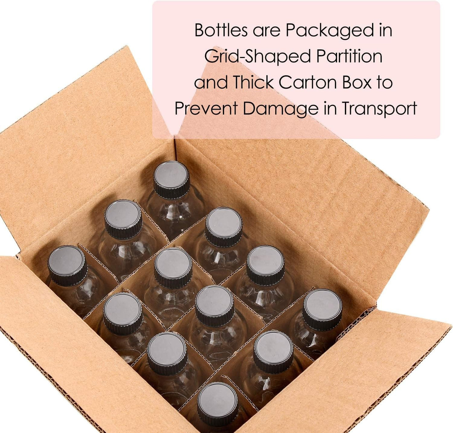 12 Pack, 2 Oz Small Clear Glass Bottles W/Lid & 3 Funnels - 60Ml Boston Shot Bottles for Health, Immunity, Potion, Wellness, Sample, Ginger, Juice - Mini Personal Care & Beauty Travel Bottle