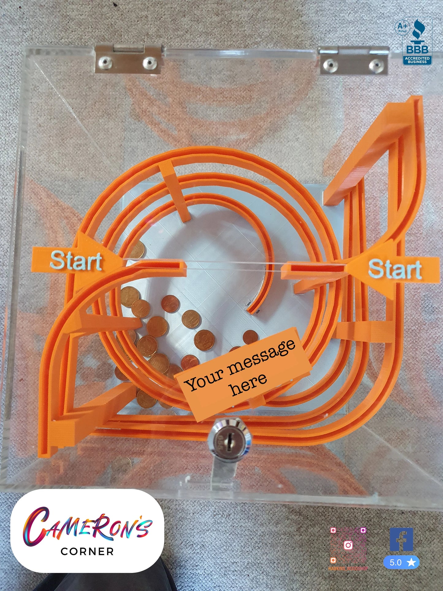 Made in USA Coin Run, Increases Donations, 9.5" L x W and H, Ships FREE Nationwide, Piggy Bank, Custom 3D Printed by 8 Year Old