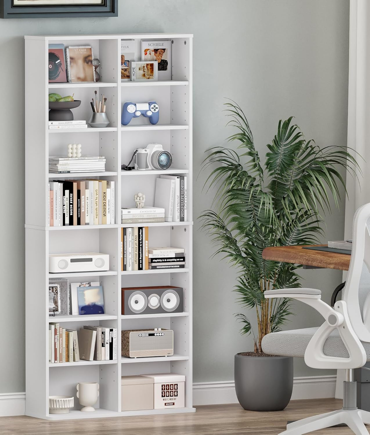 DVD Tower Storage Rack, 16-Shelf Media Storage Shelves with Adjustable Shelves 8-Tier DVD Stand Tower for Living Room Home Office