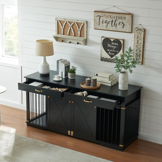 72.5" XXL Wooden Dog Crate Furniture for 2 Large Breeds, Extra Large Double Dog Kennel with Divider, Drawers & Barn Door, Water Resistant Furniture-Style Dog Cage, Black