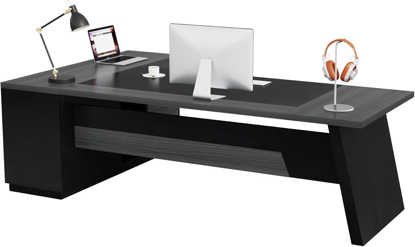 78" L-Shaped Executive Desk, Large Modern Office Desk with Drawers and Lateral File Cabinet, Business Furniture with Storage Shelves, Big Computer Desk for Home Office (Grey + Blcak)