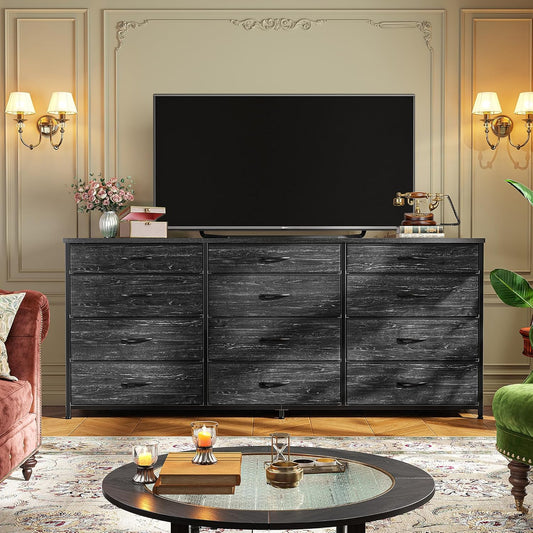 55" Long Dresser for Bedroom with 12 Fabric Drawers, Entertainment Center for 60 Inch TV Dressers & Chests of Drawers Large Organizer, Living Room, Metal Frame, Wood Top, Black