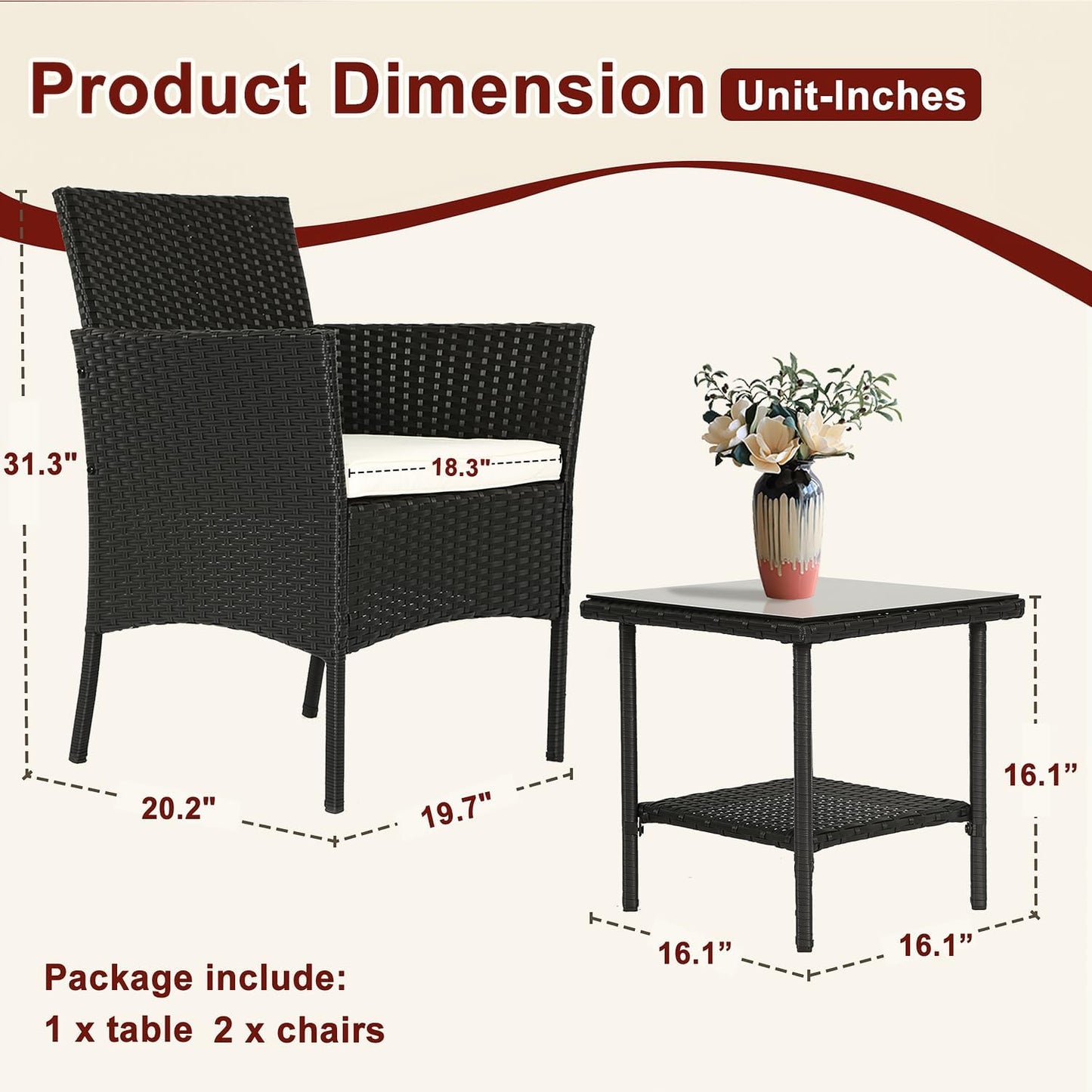 Wicker Outdoor Furniture Patio Furniture Set of 3 Rattan Patio Chairs Outdoor Chairs Patio Conversation Set with Coffee Table for Yard Backyard Lawn Porch Poolside Balcony,Black