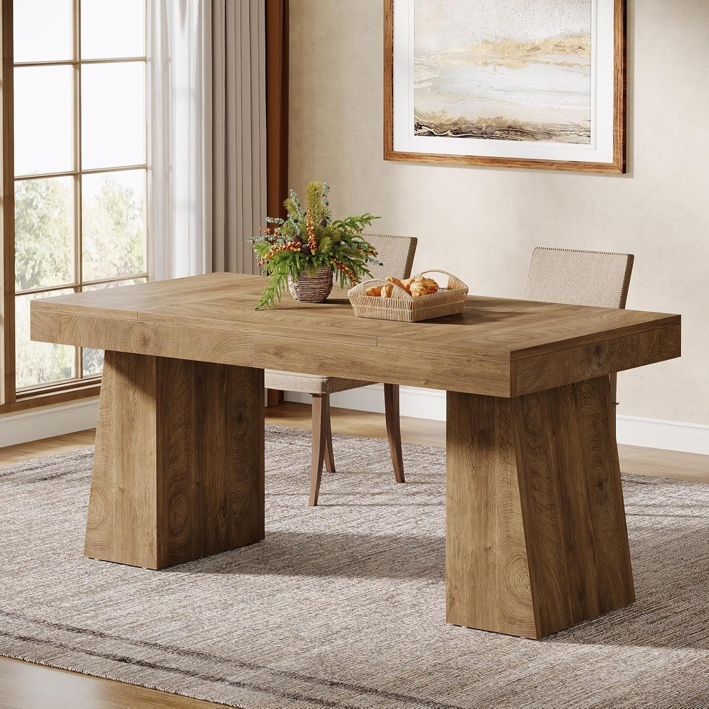 55-Inch Dining Table for 4-6, Rectangular Dining Room Table with Sturdy Legs, Wood Kitchen Dinner Table, Mid-Century Modern Dining Table for Dining Room, Kitchen, Home, Yellow