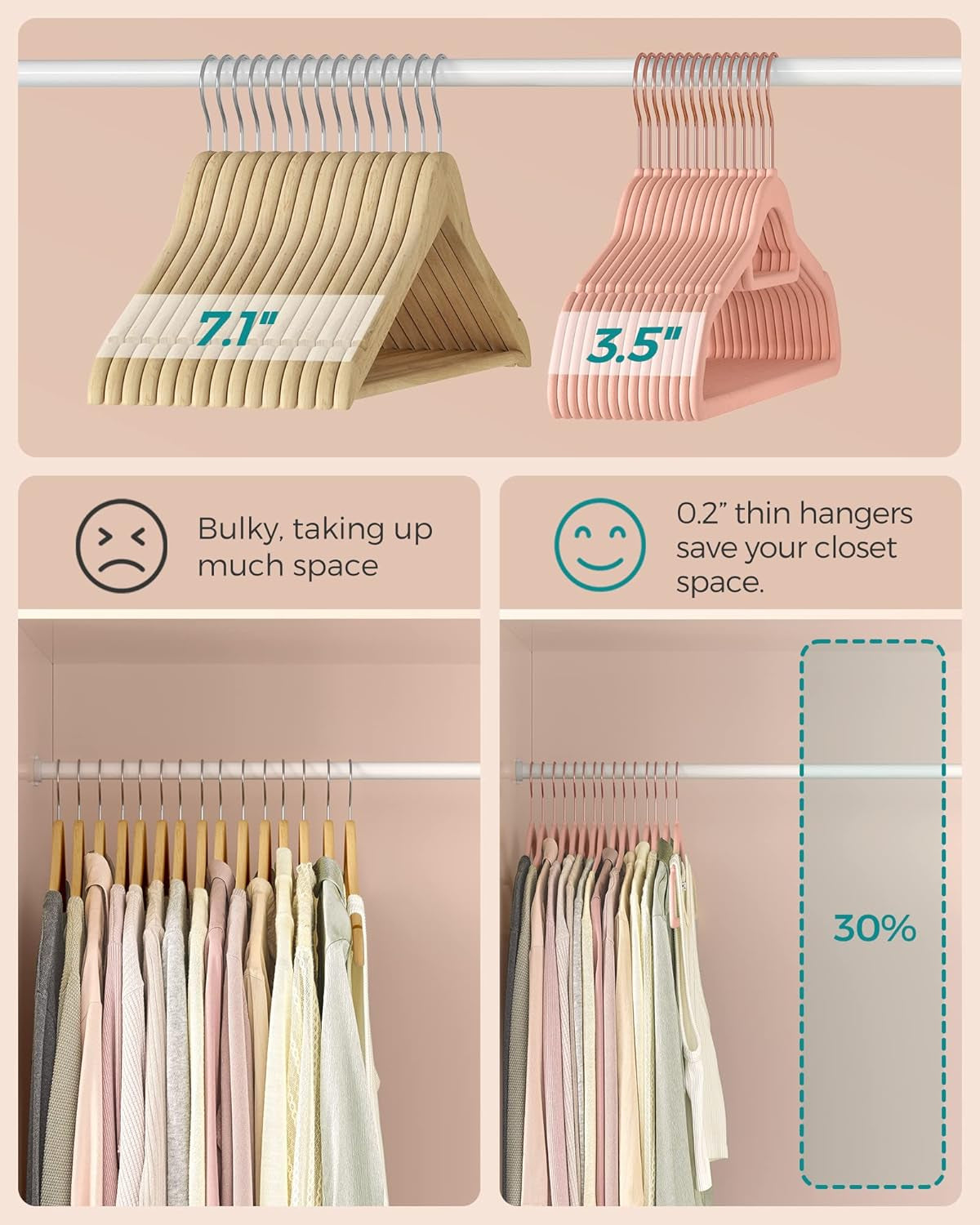 Velvet Hangers, Set of 50 Clothes Hanger with Rose Gold Swivel Hook, Non-Slip, and Space-Saving, 0.2-Inch Thick, 17.1-Inch Long for Coat, Shirt, Dress, Pants, Tie, Coral Pink UCRF21PK50