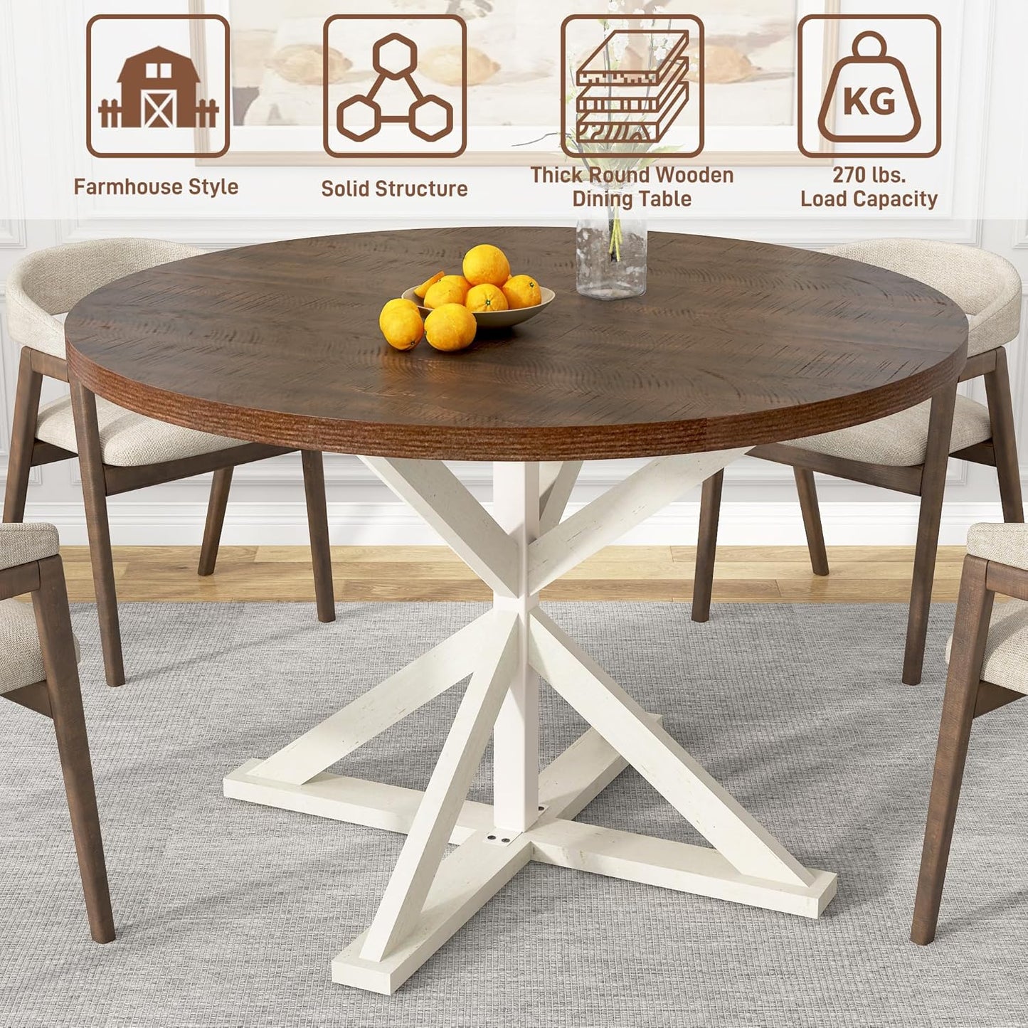 Round Wood Dining Table for Kitchen,Dining Room,Living Room,Farmhouse Dinner Tables W/Thickened Brown Waterproof Tabletop for 4 People,47 Inch Rustic Kitchen Table W/Metal Support