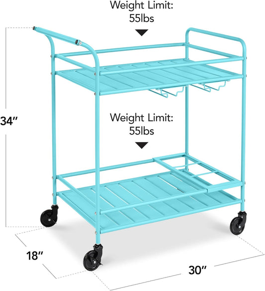 Rolling Bar Cart, Mobile Home Bar Serving Cart, Serving Station W/ 2 Tier Shelves, Wine Rack, Lockable Wheels - Teal
