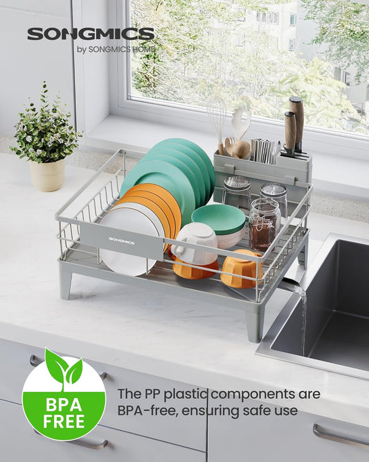 Dish Drying Rack, Kitchen Dish Rack, with Drainboard, 360° Rotatable and Extendable Spout, with Cutlery Holder, 12.2 X 16.5 X 7.3 Inches, Dove Gray UKCS550G01
