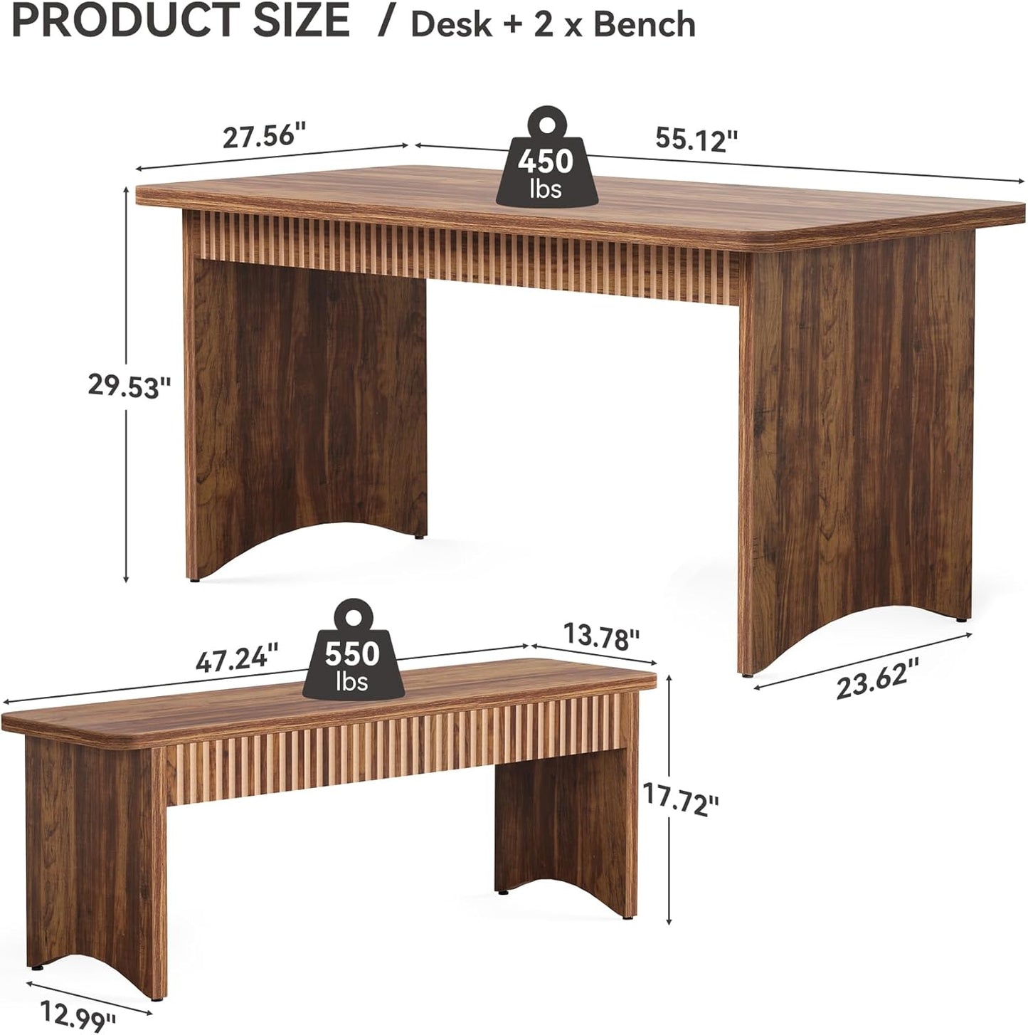 55" Dining Table with 2 Benches, Dining Table Set for 4-6 People, Farmhouse Kitchen Table with Bench, Dining Room Table Set