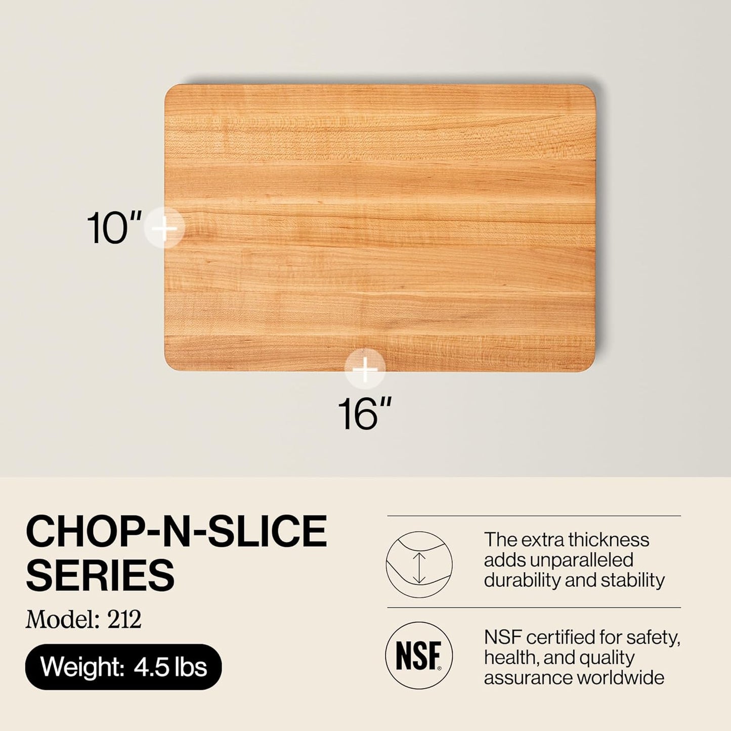 Chop-N-Slice Series Rectangular Wooden Maple Cutting Board 16”X10” – 1” Thick, 4.5-Lb Reversible Butcher Block with Eased Corners, Edge-Grain & Finger Grips – Made in the USA