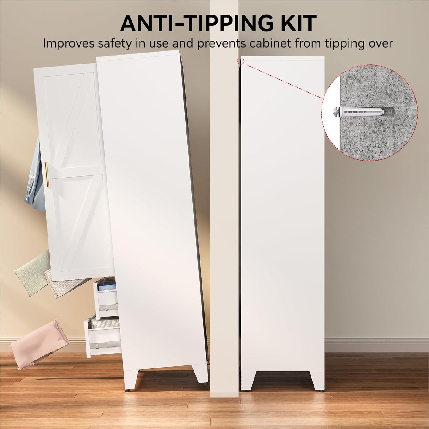 71" Metal Wardrobe Closet with 2 Drawers & Hanging Rod, Freestanding Armoire Storage Cabinet with Adjustable Shelf and 2 Doors, White Steel Closet Organizer for Bedroom