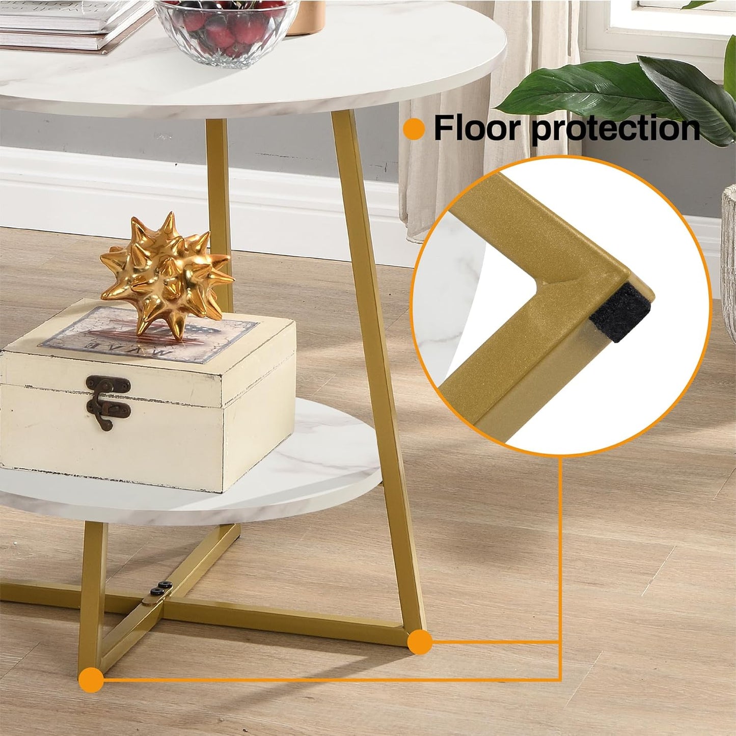 White faux marble and gold 2 tier round side table, view 7