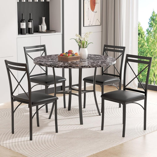 5 Piece Dining Table Set for 4, Faux Marble Dinette with Chairs for Kitchen, Breakfast Nook, Small Space, Dark Black