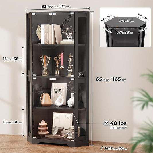 65" Tall Display Cabinet with Glass Doors, Corner Curio Display Case with LED Lights & Motion Sensor for Collectibles, Book, 4-Tier China Cabinet Bookcase for Living Room (Black)