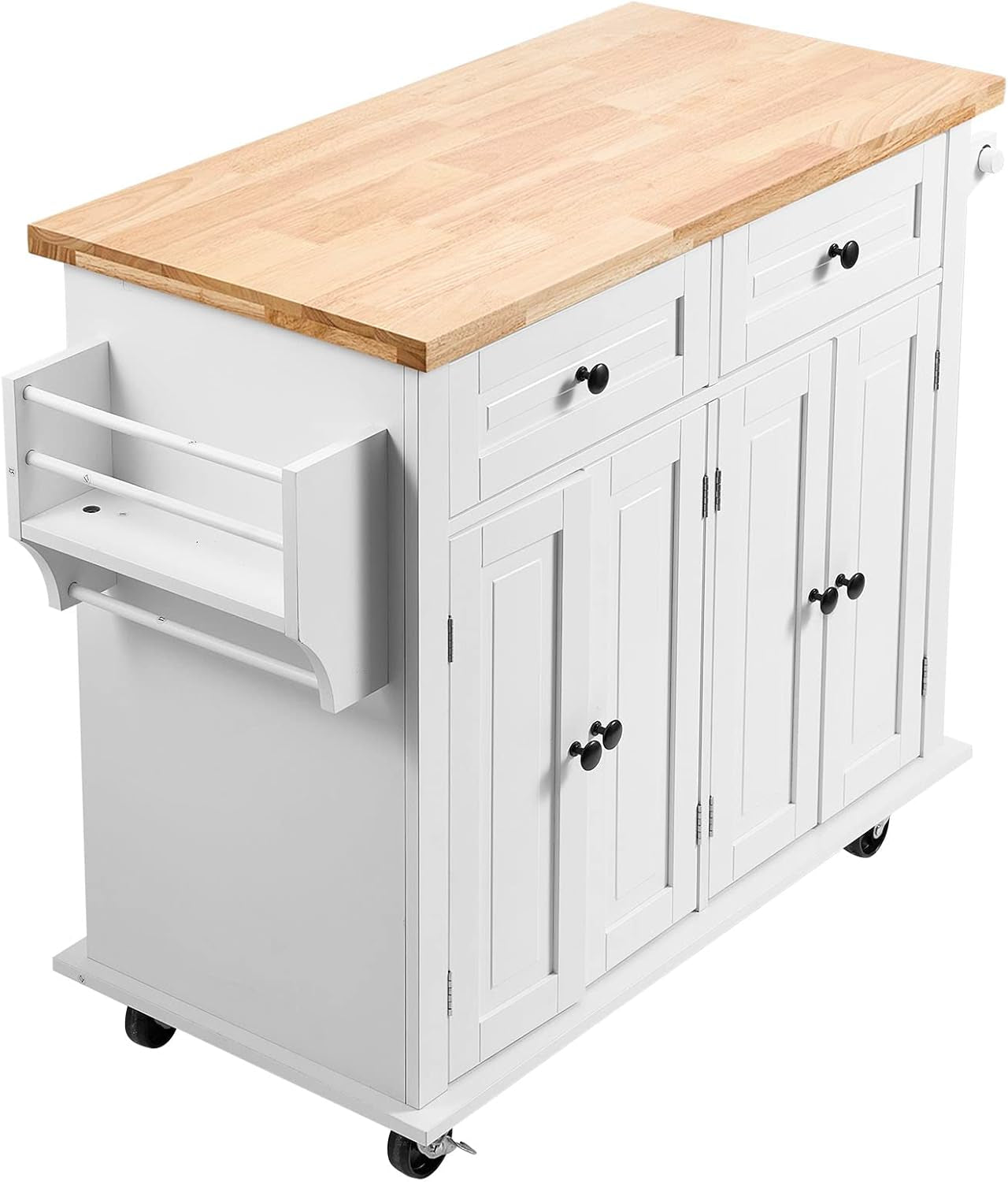 Kitchen Island Cart with Solid Wood Top, 35.4" Width Mobile Carts with Storage Cabinet, Rolling Kitchen Table with Spice Rack, Towel Rack, and Drawer, Portable Islands on Wheels, White