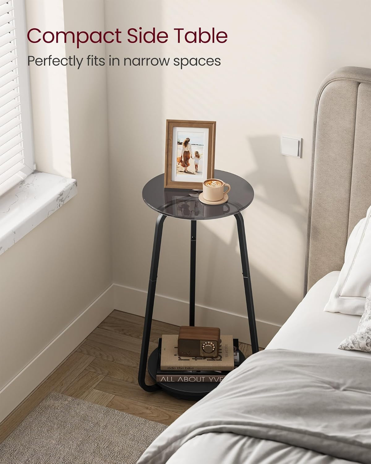 round Side Table, 2-Tier Nightstand, End Table with Glass Top and Particleboard Shelf, Cocktail Table, for Living Room, Bedroom, Small Spaces, Modern Style, Slate Gray ULET287B16