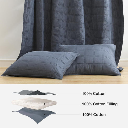 100% Cotton Quilted Pillow Shams King Size, Steel Blue Pre-Washed 2 Pack 20" X 36" Cozy Pillowcases, Breathable Stitching Pillow Cases Cover Decorative for Bed in Geometric Pattern