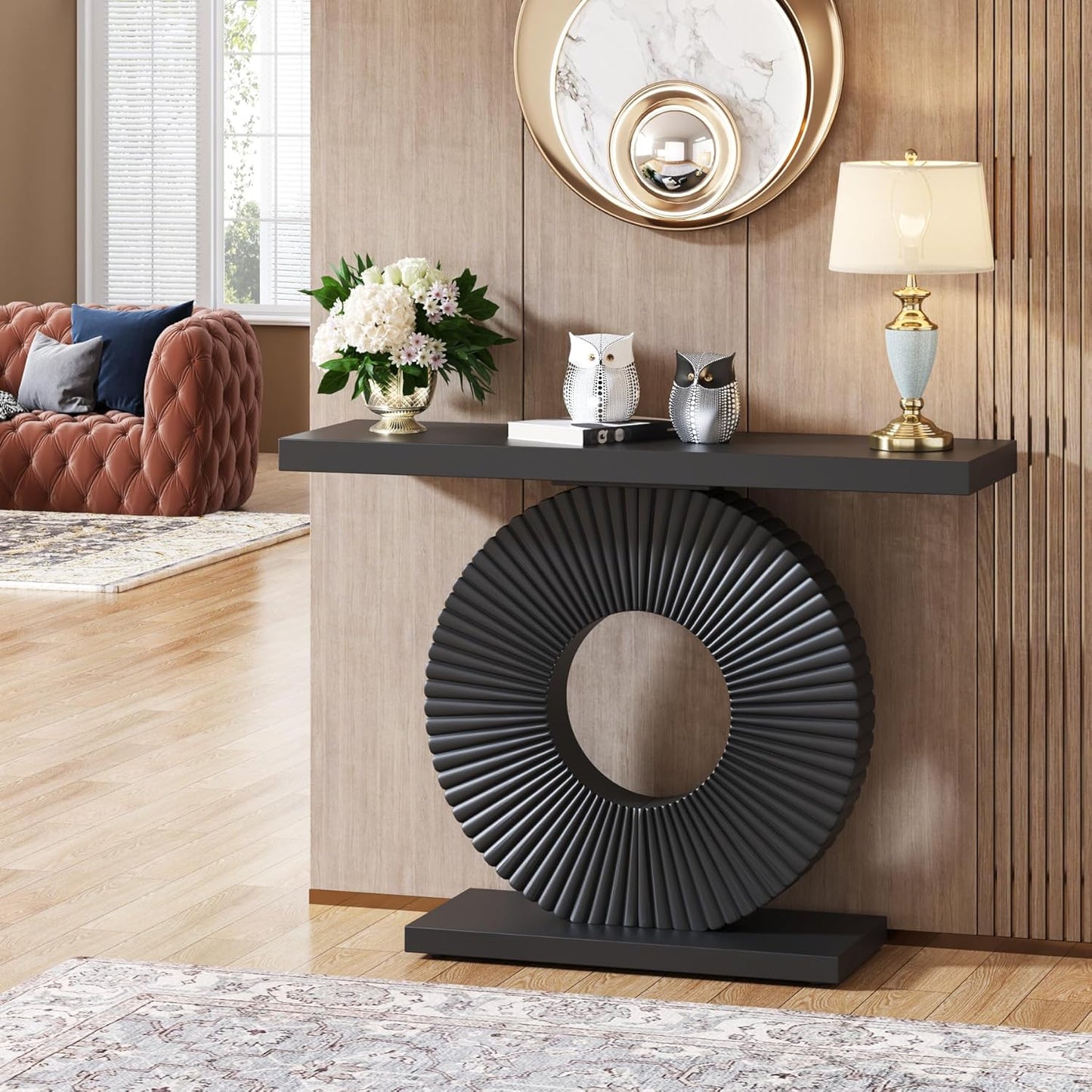 Modern Console Table with Geometric Base, 40 Inch Wood Entryway Table Sofa Table Narrow Long, Contemporary Accent Table for Living Room, Entryway, Hallway, Black