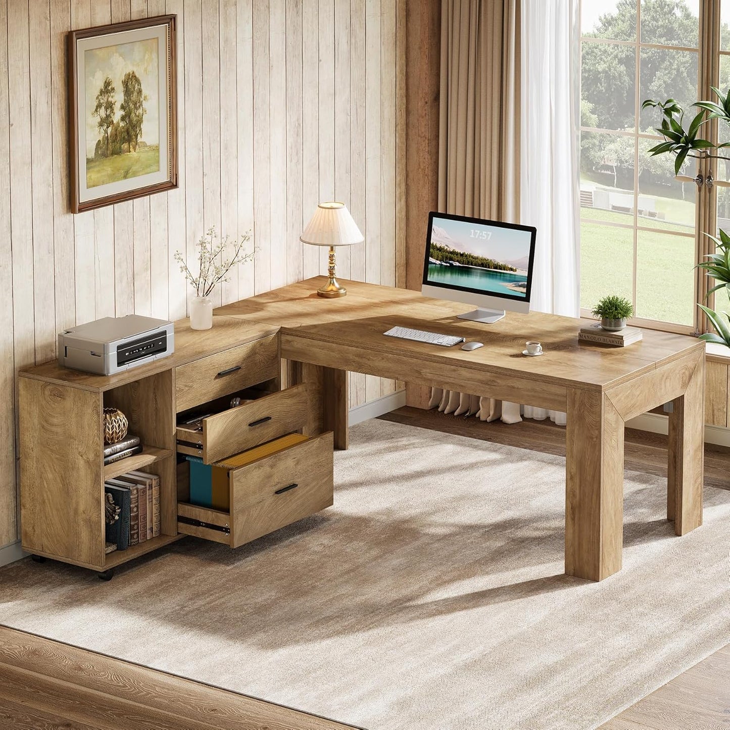 63" L Shaped Desk with Storage, Executive Office Desk with Mobile Lateral File Cabinet Combo, Large Computer Table with Drawers and Shelves, Business Furniture Set for Home Office, Brown