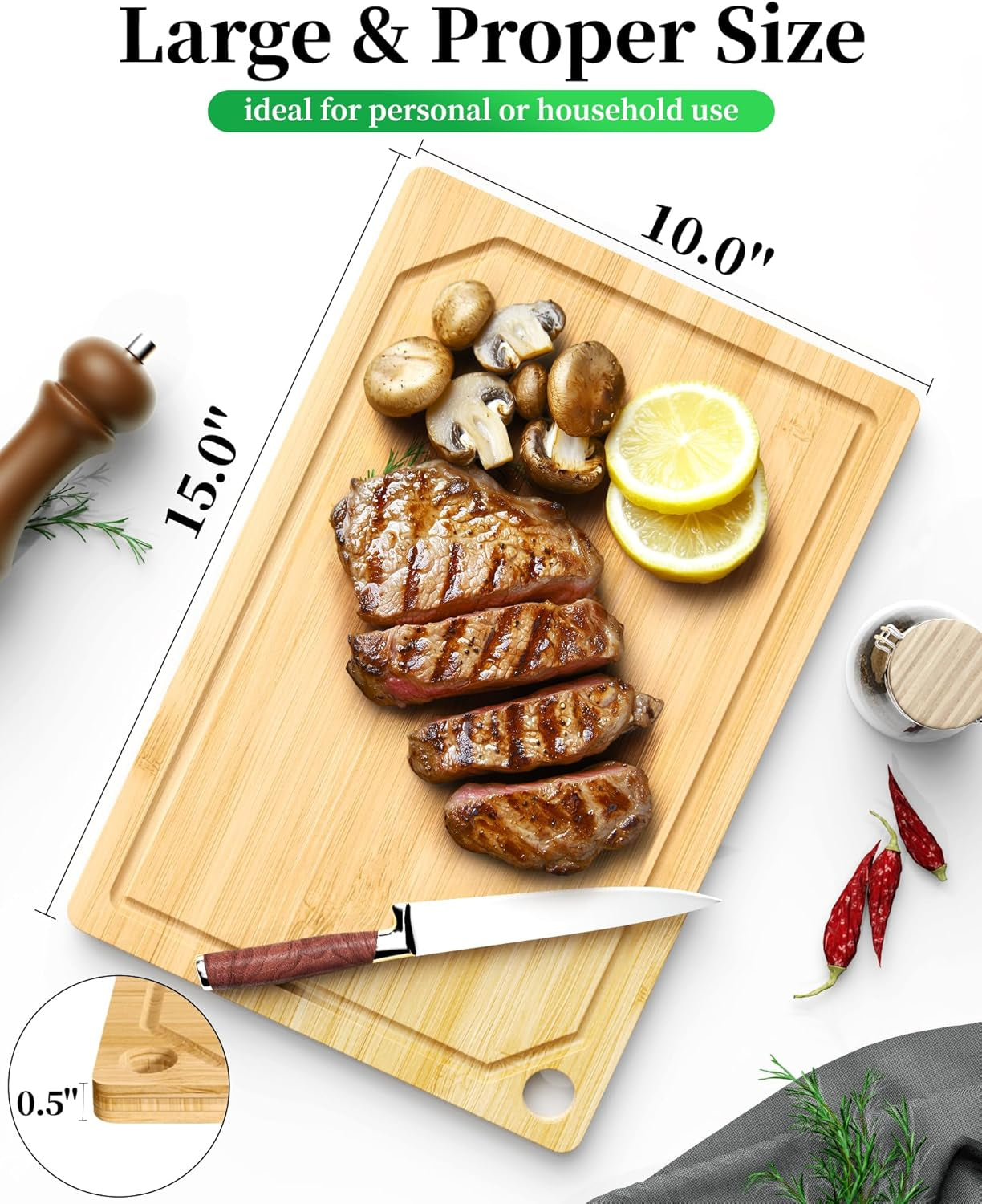 Bamboo Cutting Board - Multi-Sizes Wooden Cutting Boards for Kitchen, Convenient Kitchen Essentials with Deep Juice Grooves, Natural Cutting Board for Chopping & Serving, 15.0" X 10.0"