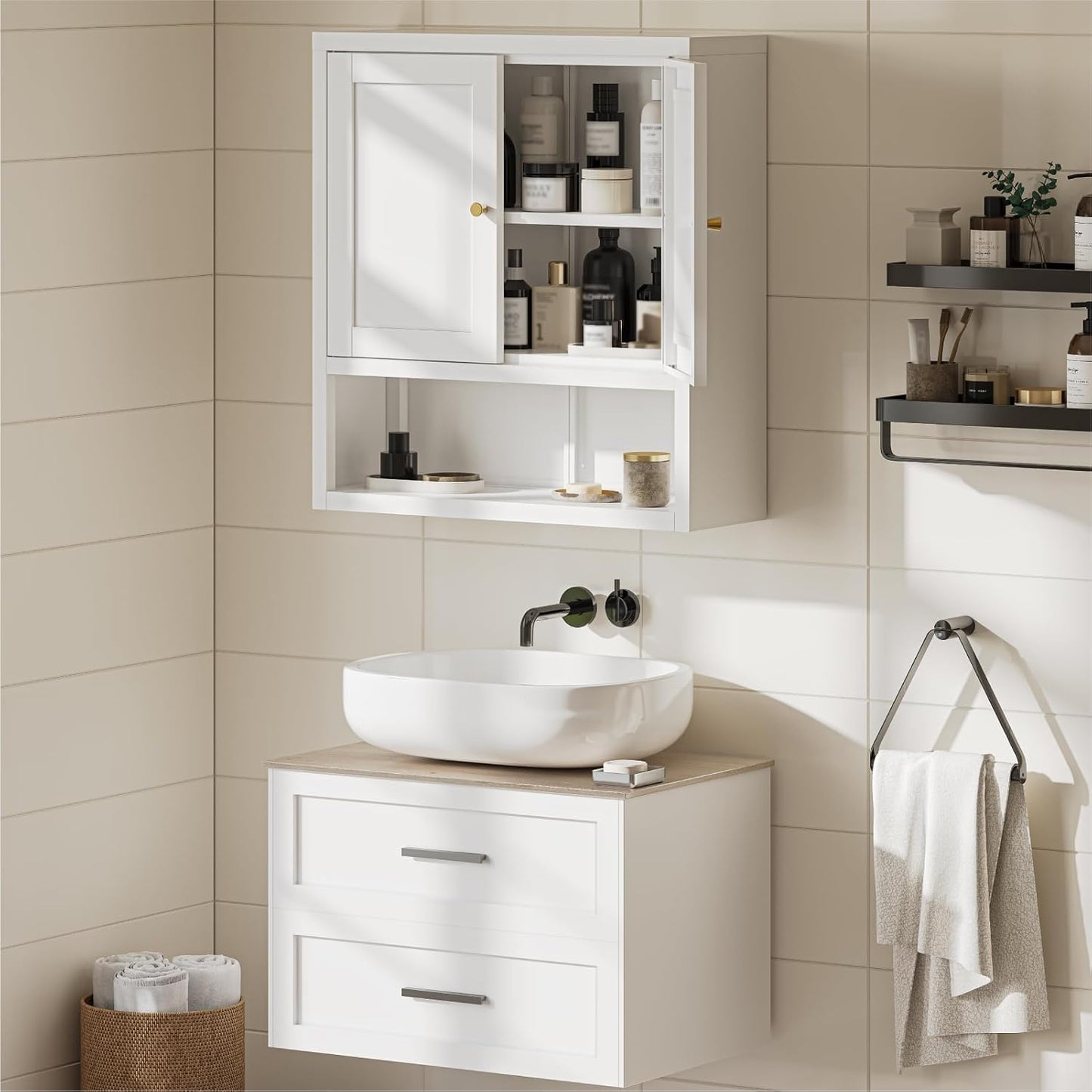 Metal Bathroom Storage Cabinet, Freestanding Pantry Floor Cabinet with 4 Doors and 2 Adjustable Shelves for Living Room, Dining Room, Kitchen (White, 43.3" H-4 Doors)