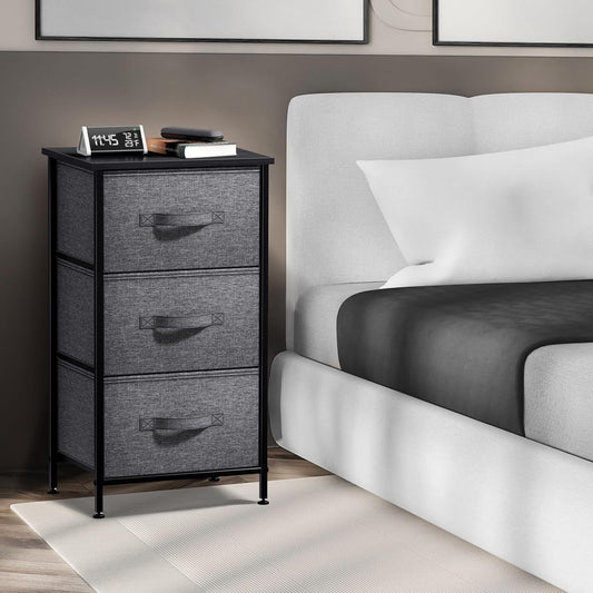Nightstand with 3 Drawers - Bedside Furniture & Night Stand End Table Dresser with Steel Frame, Wood Top, Easy Pull Fabric Bins for Home, Bedroom Accessories, Office & Dorm