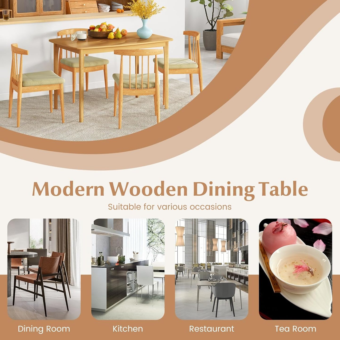 Rectangular Dining Table, Mid Century Modern Kitchen Table, Vintage Coffee Table W/Tabletop & Solid Wood Legs, Wood Farmhouse Table (Natural)