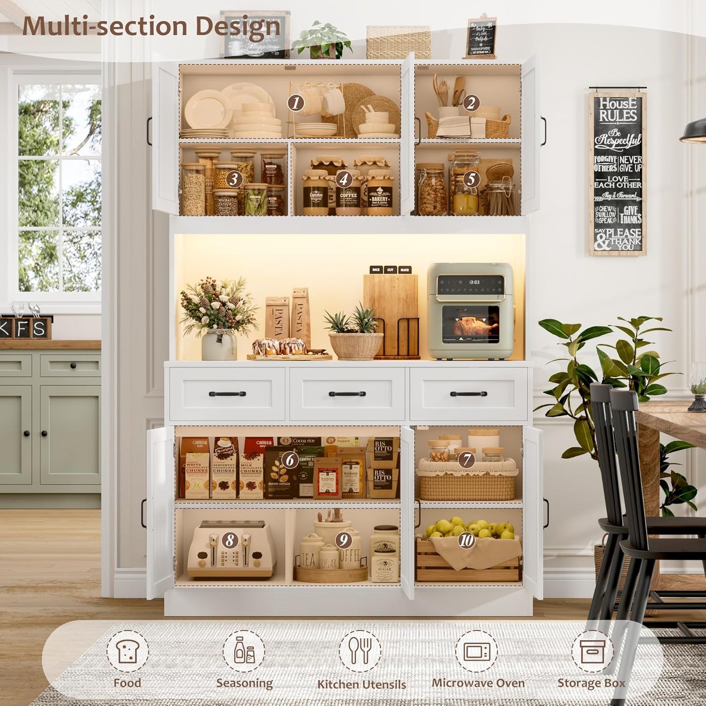 72" Tall Kitchen Pantry Cabinet with Charging Station | LED Lights, 47" W Kitchen Pantry Storage Cabinet with Countertop, Modern Kitchens Hutch Cabinets with Storage for Dining Room, White