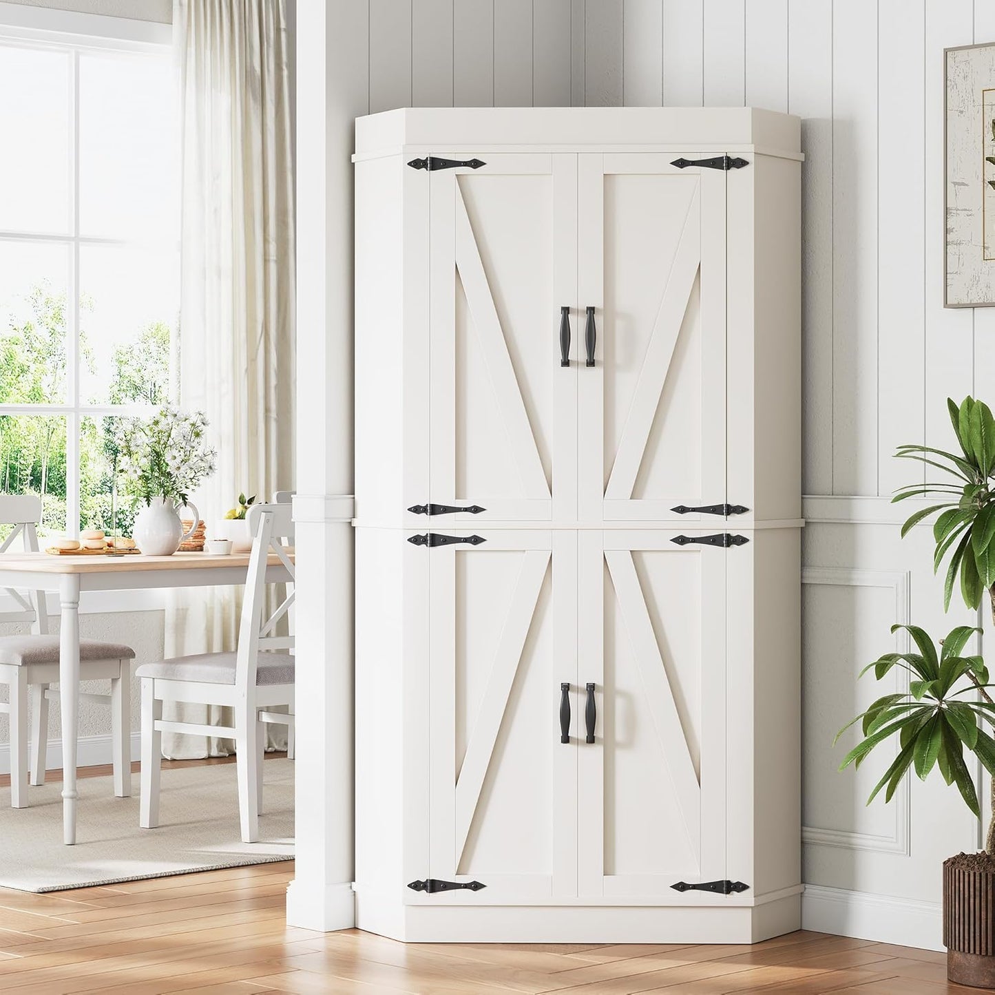 Corner Cabinet,71'' Kitchen Pantry Storage Cabinet with 4 Doors and Shelves, Tall Food Pantry Storage Cabinet Farmhouse Furniture for Kitchen Dining Room, White