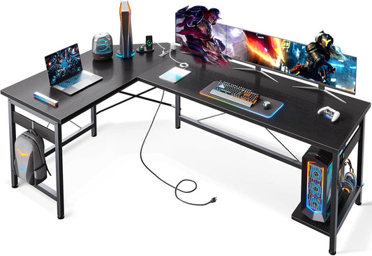66" L Shaped Gaming Desk with Outlet, L Shaped Desk with CPU Stand, Corner Computer Desk, Home Office Desk, Writing Desk, Black