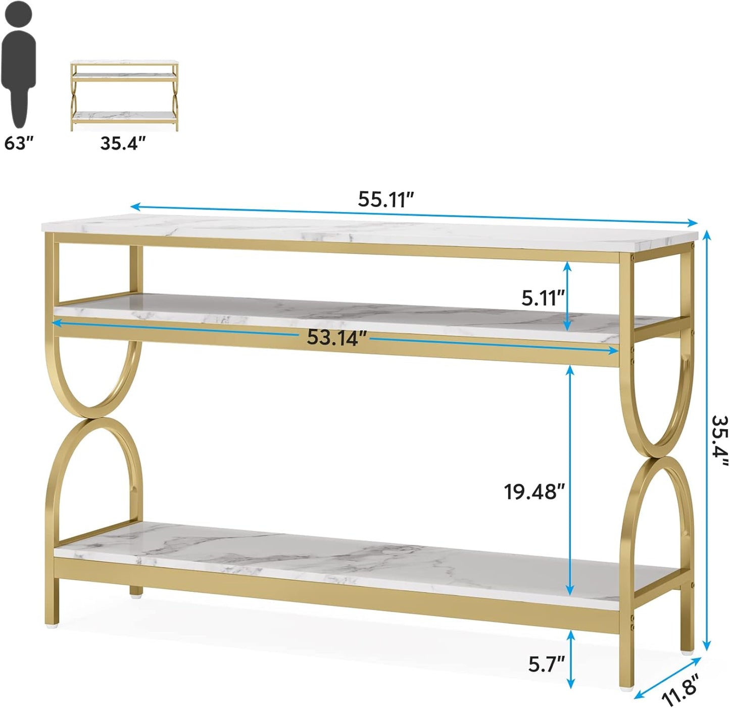 3-Tier Console Table, 55 Inch Sofa Table with Open Storage Shelves, Narrow Long Hallway/Entryway Table with Faux Marble Top for Home Living Room Entryway, White & Gold