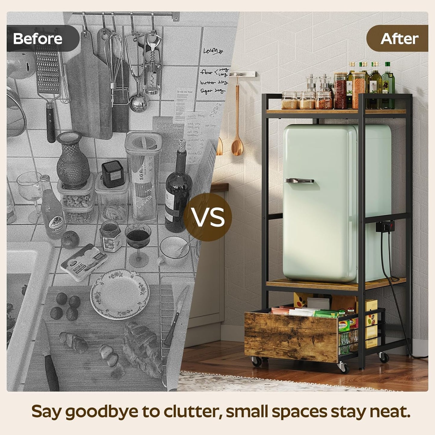 Mini Fridge Stand with Movable Drawer, Microwave Stand with Power Outlet, Mini Fridge Shelf with Adjustable Shelves, Kitchen Bakers Rack for Dorm, Dining Room, Home, Rustic Brown HB05UBR