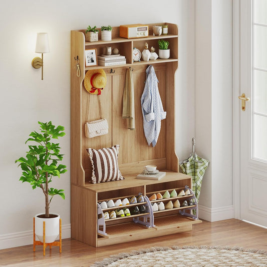 4-In-1 Hall Tree, Entryway Bench with Coat Rack & Flip Drawers, Farmhouse Storage Organizer with 6 Dual-Hook Hangers & PE Rattan Doors, Ideal for Entryway Living Room Mudroom (Natural)