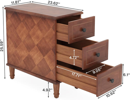 Solid Wood End Table, Fully Assembled Narrow Side Table with Drawers, Pre-Assembled Nightstand Slim Bedside Table for Small Spaces, Living Room, Bedroom, Walnut