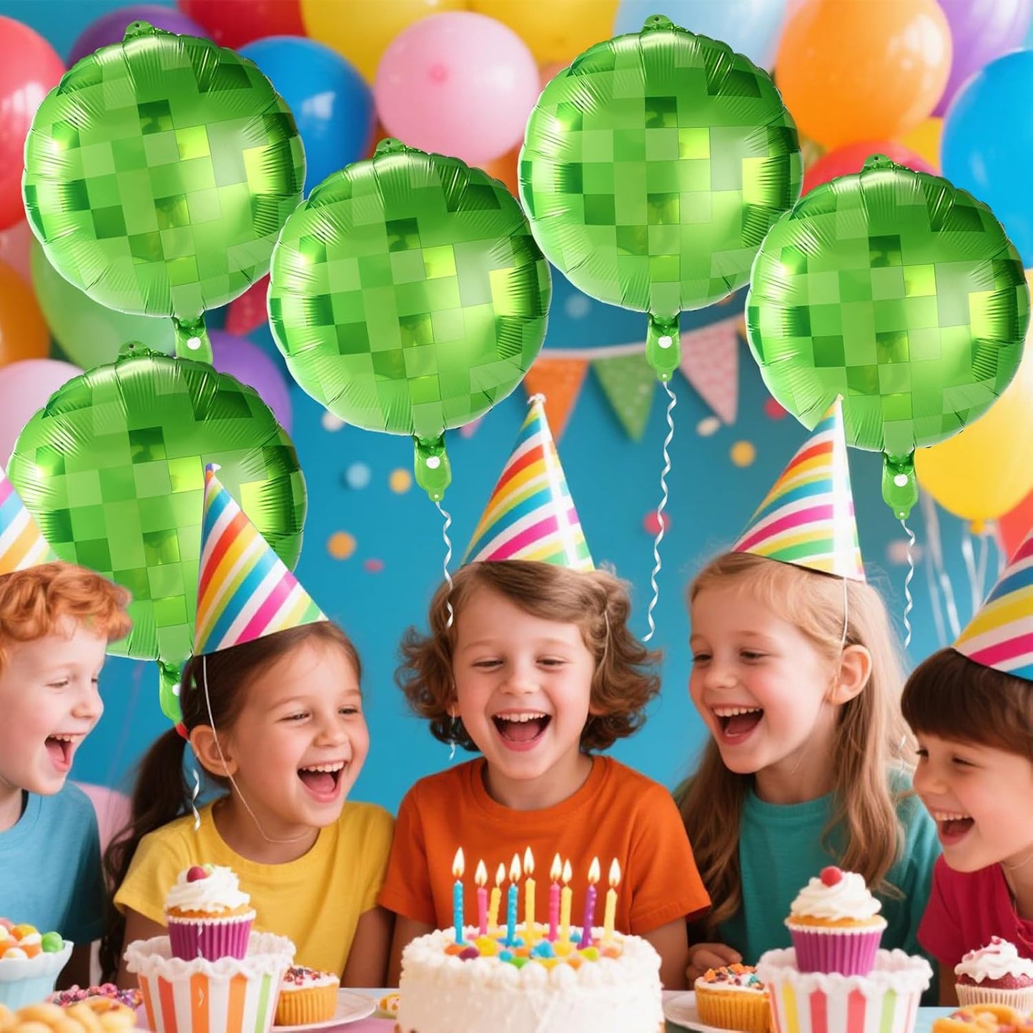 12Pcs Green Pixel Balloons, 18In Pixel Style Aluminum Film Foil Balloons with Ribbons & Straws for Theme Birthday Party Decorations