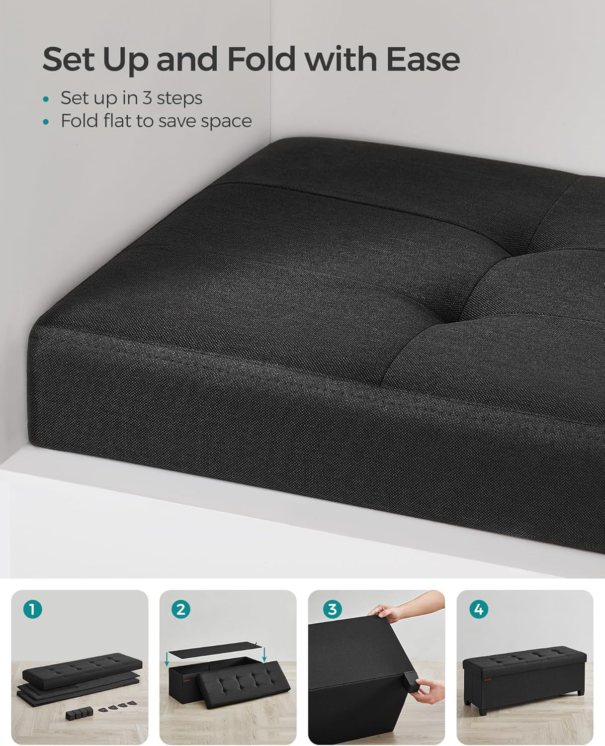 Storage Ottoman Bench, Foldable Foot Rest with Legs, 15 X 43 X 15.7 Inches, End of Bed Bench, Storage Chest, Load up to 660 Lb, for Living Room, Bedroom, Entryway, Ink Black ULSF018B01